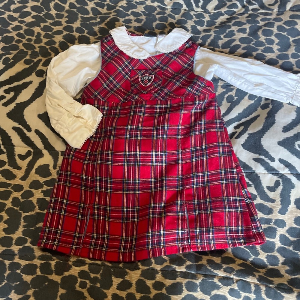Vintage IZOD Girl's Red Plaid Jumper‎ Dress Set with White Long Sleeve Top - 24M